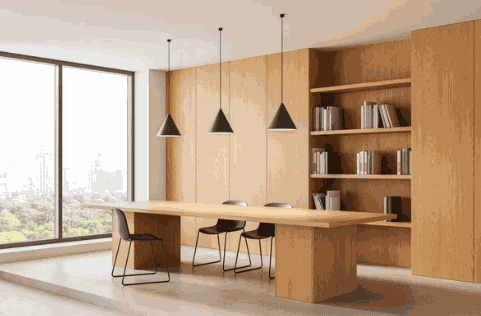 Bespoke timber office table, cabinetry and storage wall